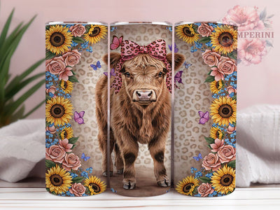Highland Cow Cheetah Floral 20oz Tumbler, Highland Cow, Cheetah Print, Floral Theme, Rustic Charm, Whimsical Style, Skinny Tumbler, Sublimation PNG Sublimation Li Zamperini 