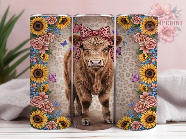 Highland Cow Cheetah Floral 20oz Tumbler, Highland Cow, Cheetah Print, Floral Theme, Rustic Charm, Whimsical Style, Skinny Tumbler, Sublimation PNG Sublimation Li Zamperini 
