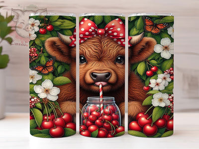 Highland Cow Cherry 20oz Tumbler, Highland Cow, Cherry Motif, Rustic Charm, Farmhouse Style, Whimsical Design, Skinny Tumbler, Sublimation PNG Sublimation Lara' s Designs 