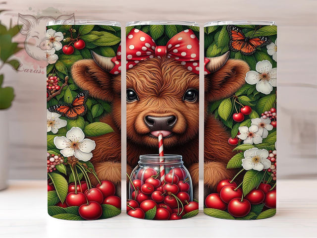 Highland Cow Cherry 20oz Tumbler, Highland Cow, Cherry Motif, Rustic Charm, Farmhouse Style, Whimsical Design, Skinny Tumbler, Sublimation PNG Sublimation Lara' s Designs 