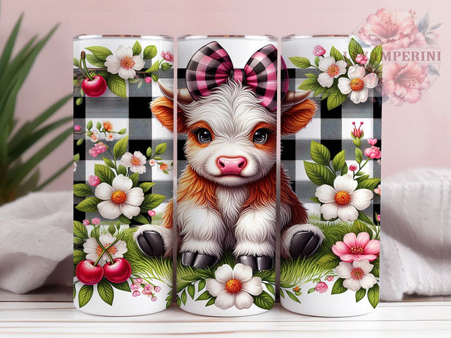 Highland Cow Cherry Plaid Tumbler, Cherry Plaid Wrap, 20oz Sublimation Wrap, Farmhouse Country Cup, Rustic Cow Design, Red Plaid Tumbler, Western Cow Print Sublimation Li Zamperini 