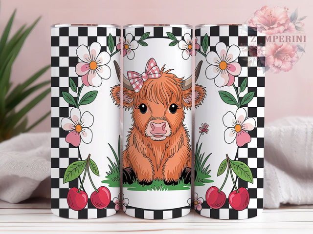 Highland Cow Cherry Plaid Tumbler, Cherry Plaid Wrap, 20oz Sublimation Wrap, Farmhouse Country Cup, Rustic Cow Design, Red Plaid Tumbler, Western Cow Print Sublimation Li Zamperini 