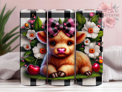 Highland Cow Cherry Plaid Tumbler, Cherry Plaid Wrap, 20oz Sublimation Wrap, Farmhouse Country Cup, Rustic Cow Design, Red Plaid Tumbler, Western Cow Print Sublimation Li Zamperini 