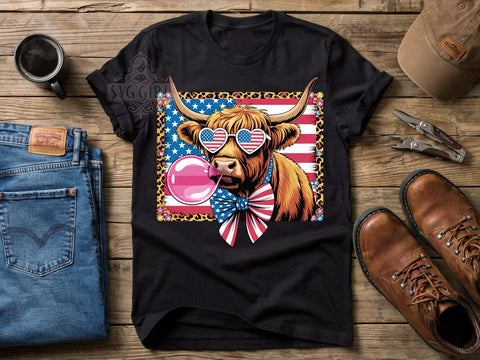 Highland Cow Chic T-Shirt PNG, Patriotic Sunglasses, Bubblegum Pop, Bold Fashion, Sublimation PNG, Statement Shirt, Country Chic Sublimation SvggirlplusArt 