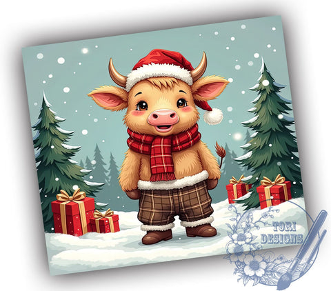 Highland Cow Christmas 20oz Skinny Tumbler PNG, Cute Highland Cow Tumbler Sublimation Wrap, Straight & Tapered Tumbler Wrap, Instant Digital Download Sublimation ToriDesigns 