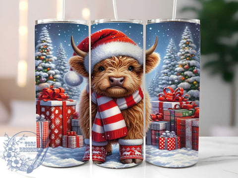 Highland Cow Christmas 20oz Skinny Tumbler PNG, Cute Highland Cow Tumbler Sublimation Wrap, Straight & Tapered Tumbler Wrap, Instant Digital Download Sublimation ToriDesigns 