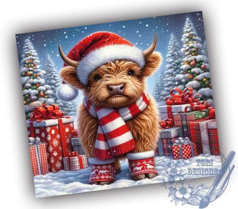 Highland Cow Christmas 20oz Skinny Tumbler PNG, Cute Highland Cow Tumbler Sublimation Wrap, Straight & Tapered Tumbler Wrap, Instant Digital Download Sublimation ToriDesigns 