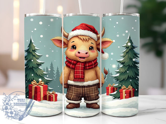 Highland Cow Christmas 20oz Skinny Tumbler PNG, Cute Highland Cow Tumbler Sublimation Wrap, Straight & Tapered Tumbler Wrap, Instant Digital Download Sublimation ToriDesigns 