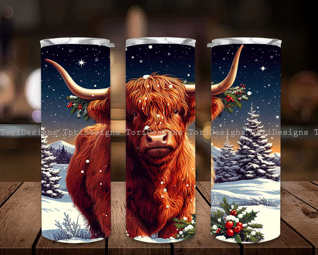 Highland Cow Christmas 20oz Skinny Tumbler Sublimation Design, Christmas Highland Cow Tumbler PNG Instant Digital Download Sublimation ToriDesigns 