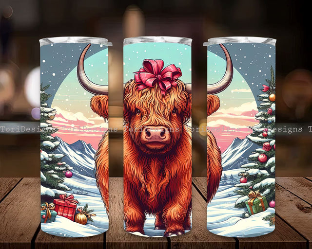 Highland Cow Christmas 20oz Skinny Tumbler Sublimation Design, Christmas Highland Cow Tumbler PNG Instant Digital Download Sublimation ToriDesigns 