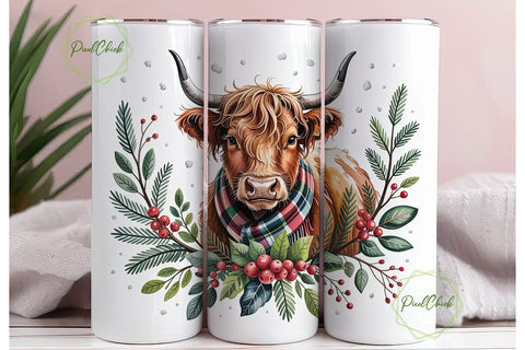 Highland Cow Christmas 20oz Tumbler Sublimation PixelChick 