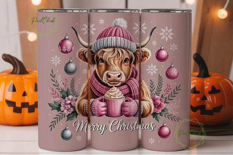 Highland Cow Christmas 20oz Tumbler Wrap Sublimation PixelChick 