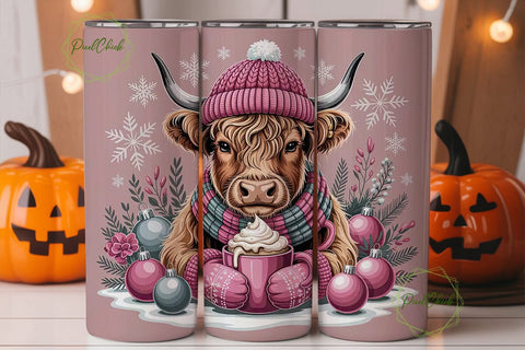 Highland Cow Christmas 20oz Tumbler Wrap Sublimation PixelChick 