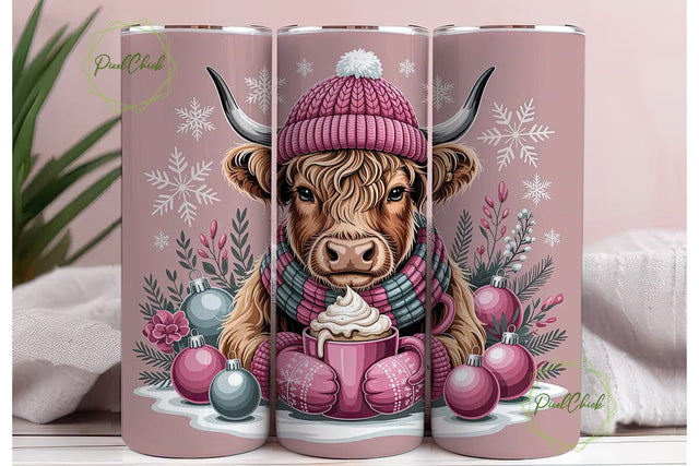 Highland Cow Christmas 20oz Tumbler Wrap Sublimation PixelChick 