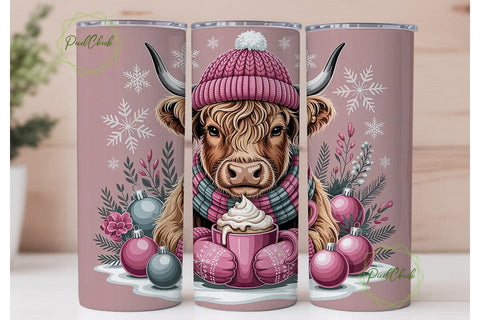 Highland Cow Christmas 20oz Tumbler Wrap Sublimation PixelChick 