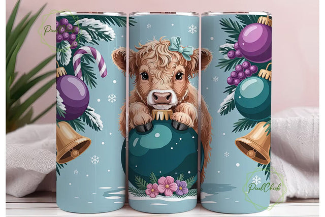 Highland Cow Christmas 20oz Tumbler Wrap Sublimation PixelChick 