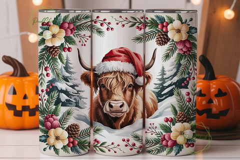 Highland Cow Christmas 20oz Tumbler Wrap Sublimation PixelChick 