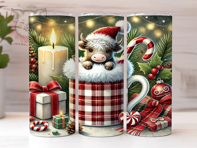 Highland Cow Christmas Cute Festive Tumbler, Christmas Drinkware, 20oz Sublimation Wrap, Cute Cow Holiday Gift, Festive Cow Cup, Chocolate Cup Tumbler, Rustic Christmas Decor Sublimation Lara' s Designs 