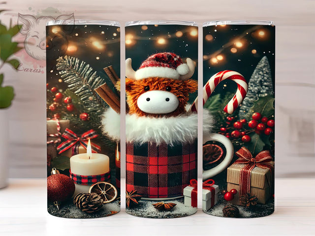 Highland Cow Christmas Cute Festive Tumbler, Christmas Drinkware, 20oz Sublimation Wrap, Cute Cow Holiday Gift, Festive Cow Cup, Chocolate Cup Tumbler, Rustic Christmas Decor Sublimation Lara' s Designs 