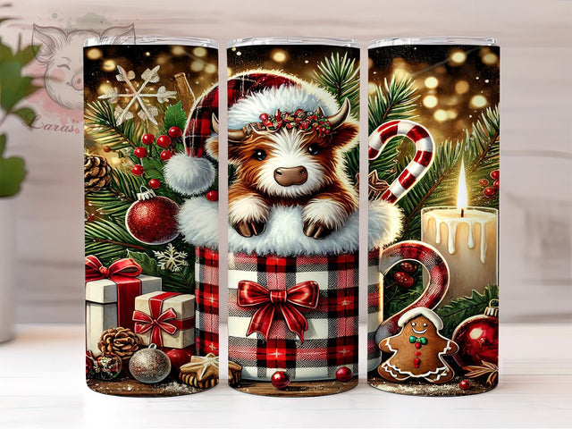 Highland Cow Christmas Cute Festive Tumbler, Christmas Drinkware, 20oz Sublimation Wrap, Cute Cow Holiday Gift, Festive Cow Cup, Chocolate Cup Tumbler, Rustic Christmas Decor Sublimation Lara' s Designs 