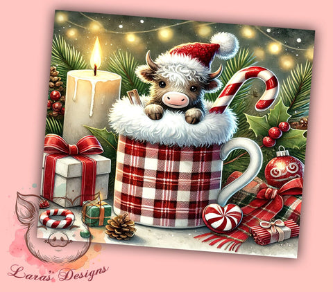 Highland Cow Christmas Cute Festive Tumbler, Christmas Drinkware, 20oz Sublimation Wrap, Cute Cow Holiday Gift, Festive Cow Cup, Chocolate Cup Tumbler, Rustic Christmas Decor Sublimation Lara' s Designs 
