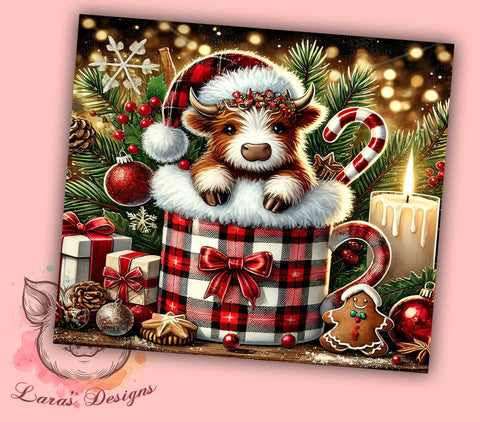 Highland Cow Christmas Cute Festive Tumbler, Christmas Drinkware, 20oz Sublimation Wrap, Cute Cow Holiday Gift, Festive Cow Cup, Chocolate Cup Tumbler, Rustic Christmas Decor Sublimation Lara' s Designs 