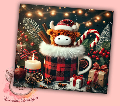 Highland Cow Christmas Cute Festive Tumbler, Christmas Drinkware, 20oz Sublimation Wrap, Cute Cow Holiday Gift, Festive Cow Cup, Chocolate Cup Tumbler, Rustic Christmas Decor Sublimation Lara' s Designs 