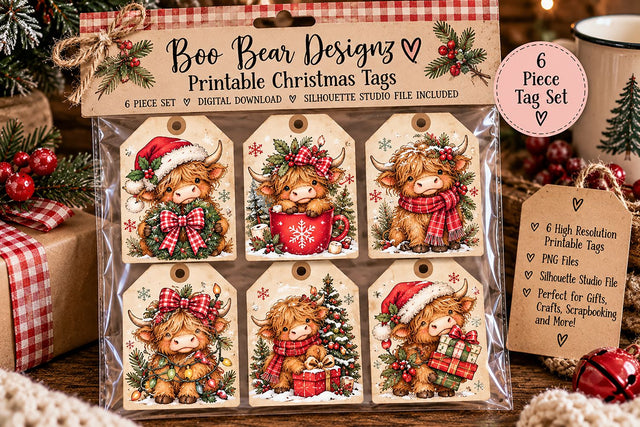 Highland Cow Christmas gift tag set Sublimation Boo Bear Designz 
