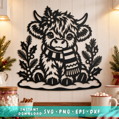 Highland Cow Christmas Laser SVG | Cute Cow DXF | Christmas Metal Art | Winter Cow Svg | Plasma Cut File | CNC Wall Decor SVG HappyDesignStudio 