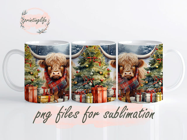 Highland Cow Christmas Mug Wrap Sublimation Design Christmas Highland Cow PNG Instant Digital Download 11oz Sublimation PrintingLife 