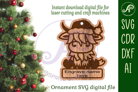 highland cow Christmas Ornament SVG laser cut SVG APInspireddesigns 