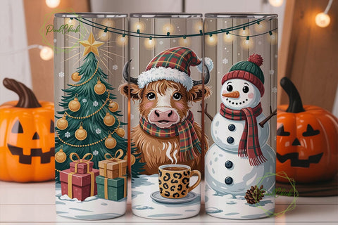 Highland Cow Christmas Snow Tumbler Wrap Sublimation PixelChick 