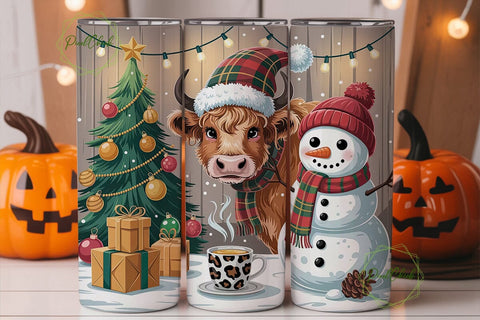 Highland Cow Christmas Snow Tumbler Wrap Sublimation PixelChick 