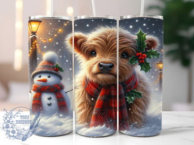 Highland Cow Christmas Snowman Tumbler, Christmas Cow Wrap, Festive Snowman Sublimation, Holiday Farm Cup, 20Oz Skinny Tumbler Wrap, Rustic Cow Mug, Winter Wonderland Design Sublimation ToriDesigns 