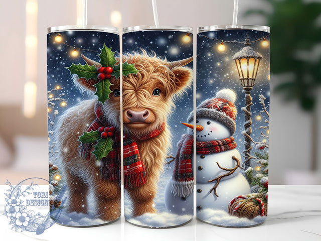 Highland Cow Christmas Snowman Tumbler, Christmas Cow Wrap, Festive Snowman Sublimation, Holiday Farm Cup, 20Oz Skinny Tumbler Wrap, Rustic Cow Mug, Winter Wonderland Design Sublimation ToriDesigns 