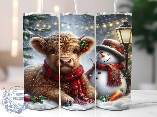 Highland Cow Christmas Snowman Tumbler, Christmas Cow Wrap, Festive Snowman Sublimation, Holiday Farm Cup, 20Oz Skinny Tumbler Wrap, Rustic Cow Mug, Winter Wonderland Design Sublimation ToriDesigns 