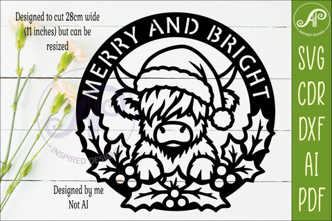 Highland Cow Christmas SVG, Merry and Bright Laser Cut Sign SVG APInspireddesigns 