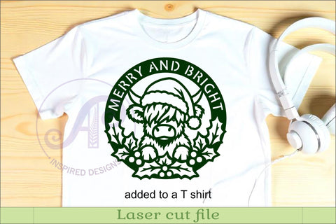 Highland Cow Christmas SVG, Merry and Bright Laser Cut Sign SVG APInspireddesigns 