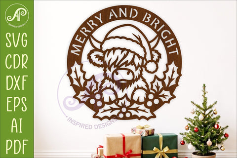 Highland Cow Christmas SVG, Merry and Bright Laser Cut Sign SVG APInspireddesigns 