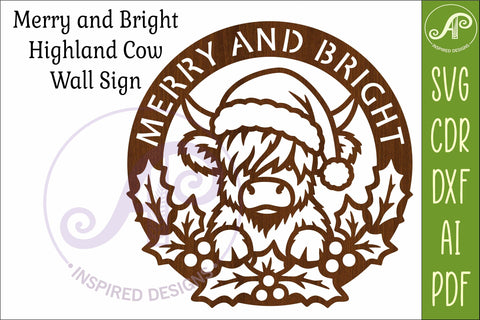 Highland Cow Christmas SVG, Merry and Bright Laser Cut Sign SVG APInspireddesigns 