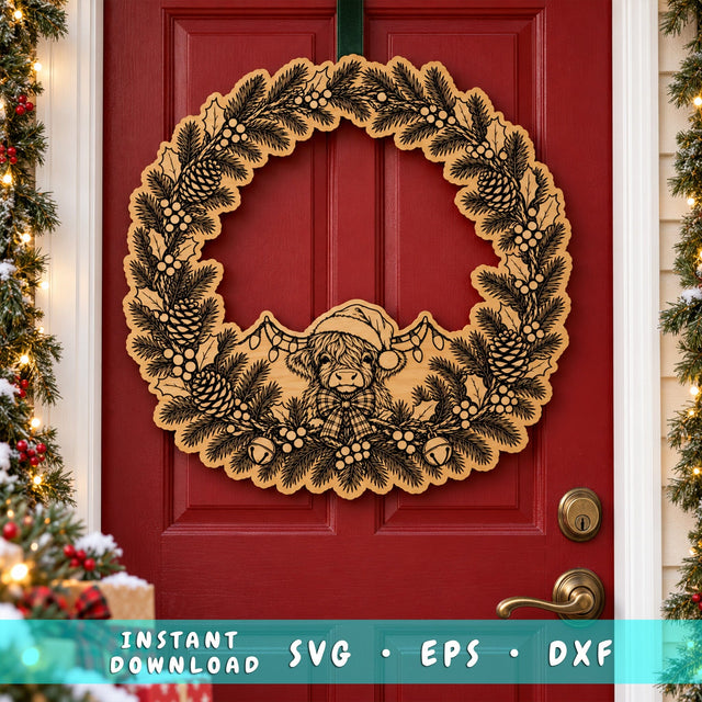 Highland Cow Christmas Wreath Laser SVG | Santa Cow Door Hanger Cut File | Engraved Wood Christmas Sign | Glowforge xTool DXF EPS SVG HappyDesignStudio 