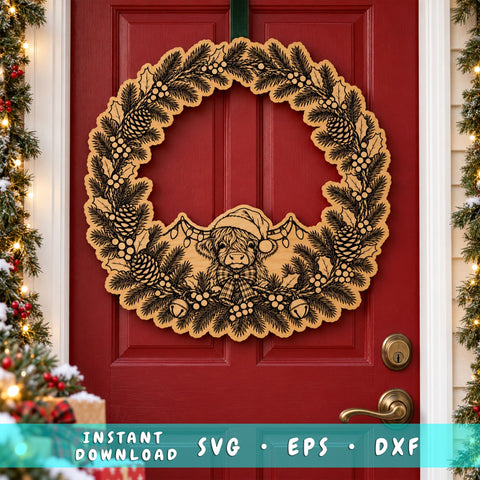 Highland Cow Christmas Wreath Laser SVG | Santa Cow Door Hanger Cut File | Engraved Wood Christmas Sign | Glowforge xTool DXF EPS SVG HappyDesignStudio 