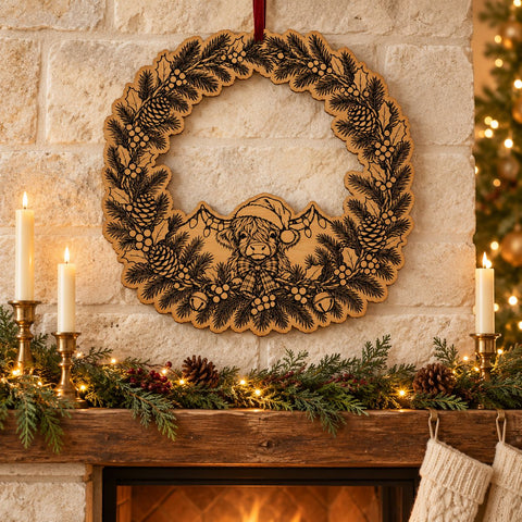 Highland Cow Christmas Wreath Laser SVG | Santa Cow Door Hanger Cut File | Engraved Wood Christmas Sign | Glowforge xTool DXF EPS SVG HappyDesignStudio 