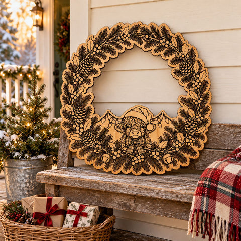 Highland Cow Christmas Wreath Laser SVG | Santa Cow Door Hanger Cut File | Engraved Wood Christmas Sign | Glowforge xTool DXF EPS SVG HappyDesignStudio 