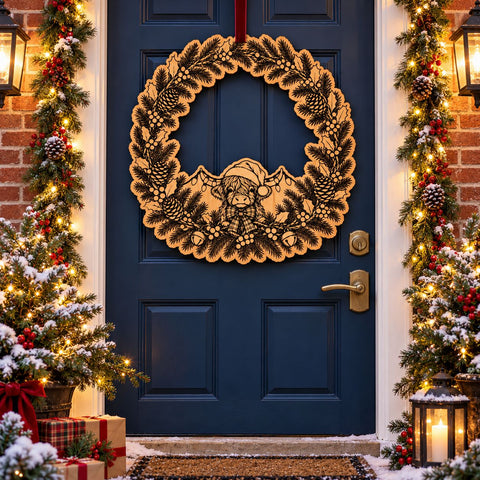 Highland Cow Christmas Wreath Laser SVG | Santa Cow Door Hanger Cut File | Engraved Wood Christmas Sign | Glowforge xTool DXF EPS SVG HappyDesignStudio 