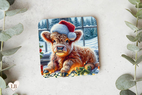 Highland Cow Coaster, Christmas Square Coaster Sublimation Sublimation BijouBay 