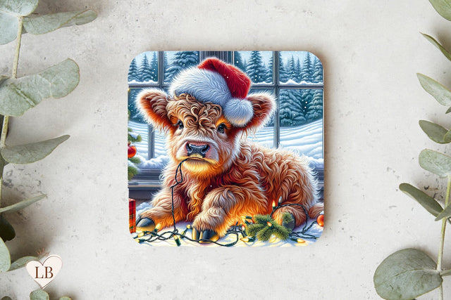 Highland Cow Coaster, Christmas Square Coaster Sublimation Sublimation BijouBay 