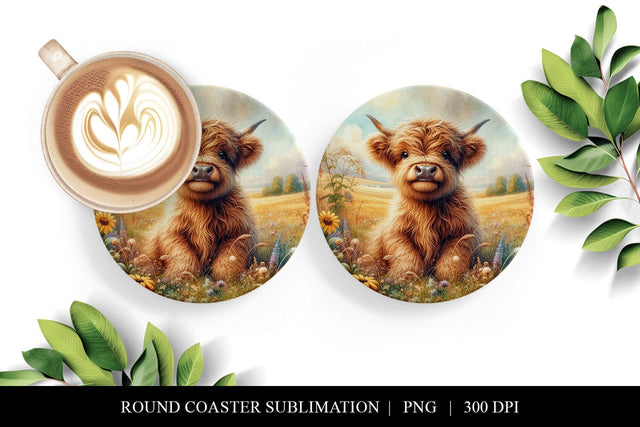 Highland Cow Coaster Design, Round Sublimation PNG Sublimation BijouBay 