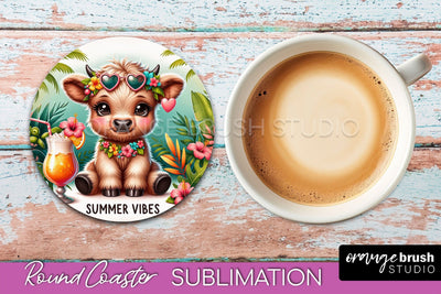 Highland Cow Coaster Sublimation - Beach Round Coaster PNG Sublimation OrangeBrushStudio 