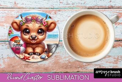 Highland Cow Coaster Sublimation - Beach Round Coaster PNG Sublimation OrangeBrushStudio 